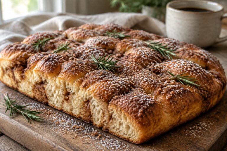 Golden cinnamon focaccia bread with cinnamon sugar topping and rosemary garnish on rustic board