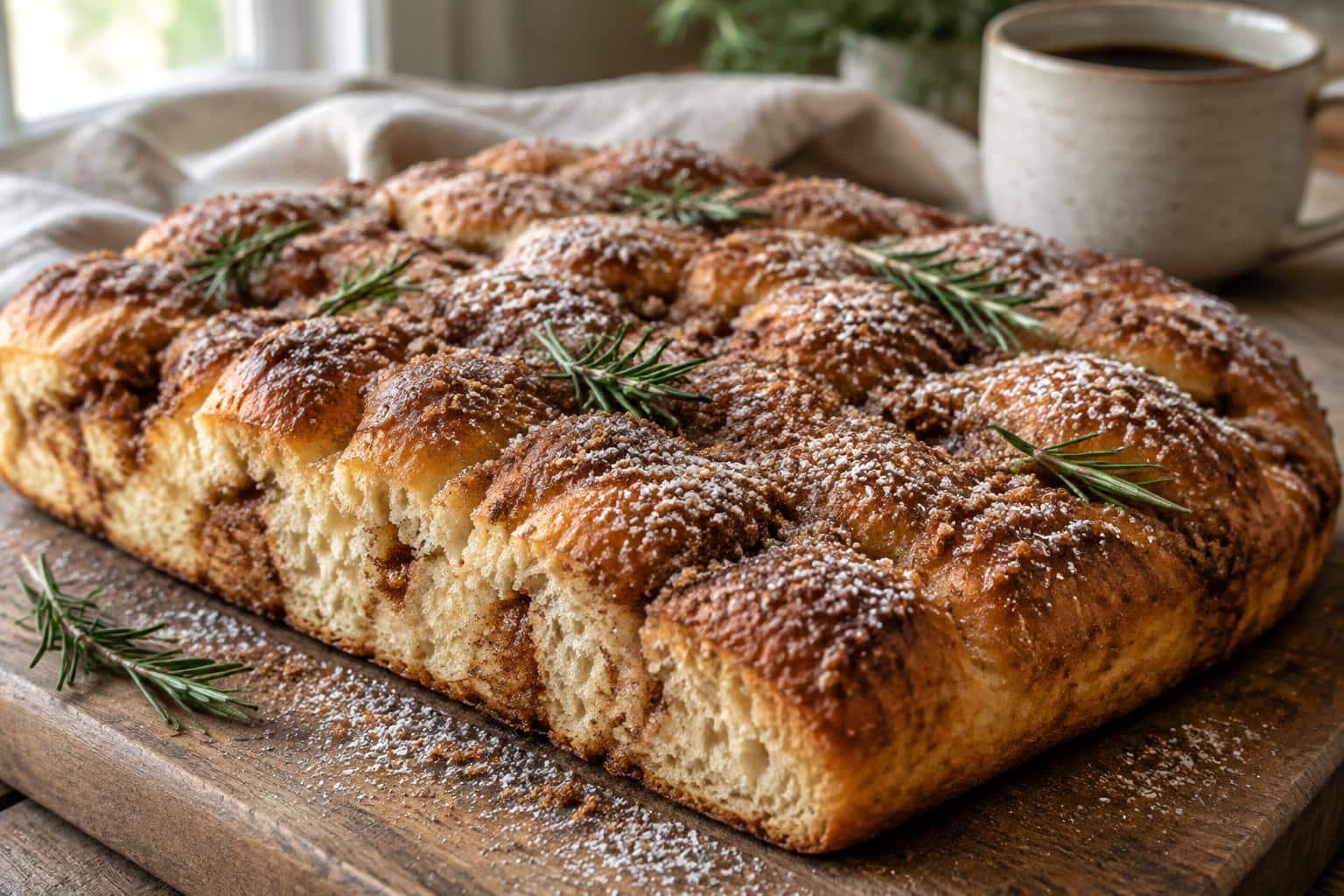 Golden cinnamon focaccia bread with cinnamon sugar topping and rosemary garnish on rustic board