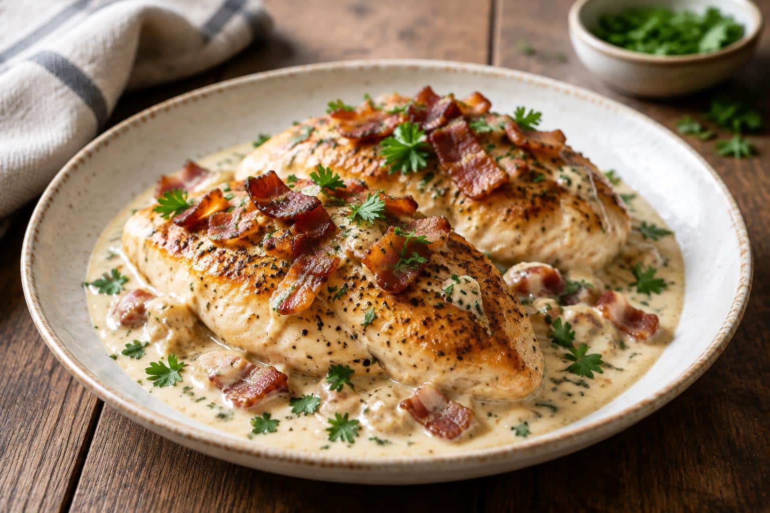 plate of creamy bacon chicken with crispy bacon and fresh parsley garnish