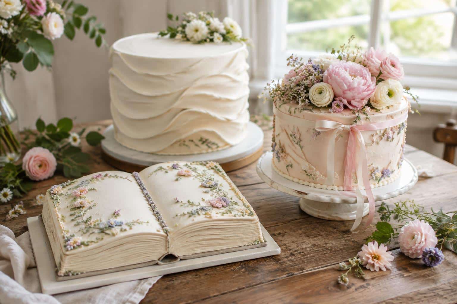 Simple wedding cakes including book-shaped, wave-textured, and feminine designs on a rustic table