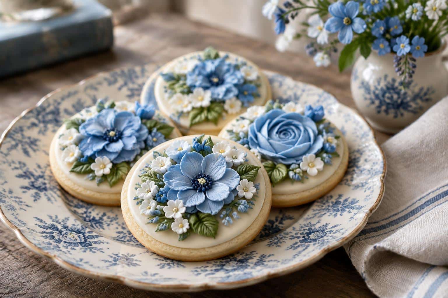 Plate of simple French blue floral buttercream cookies with delicate blue buttercream flowers