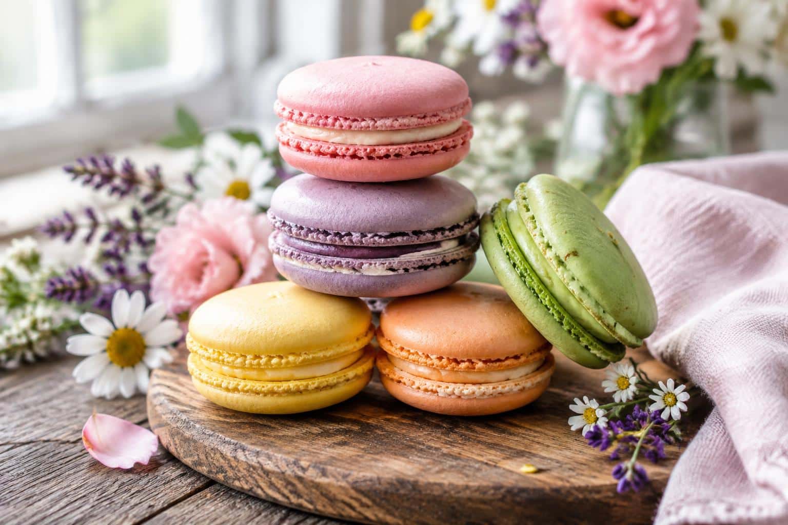 Close-up of colorful French macarons with smooth shells and creamy filling under natural light