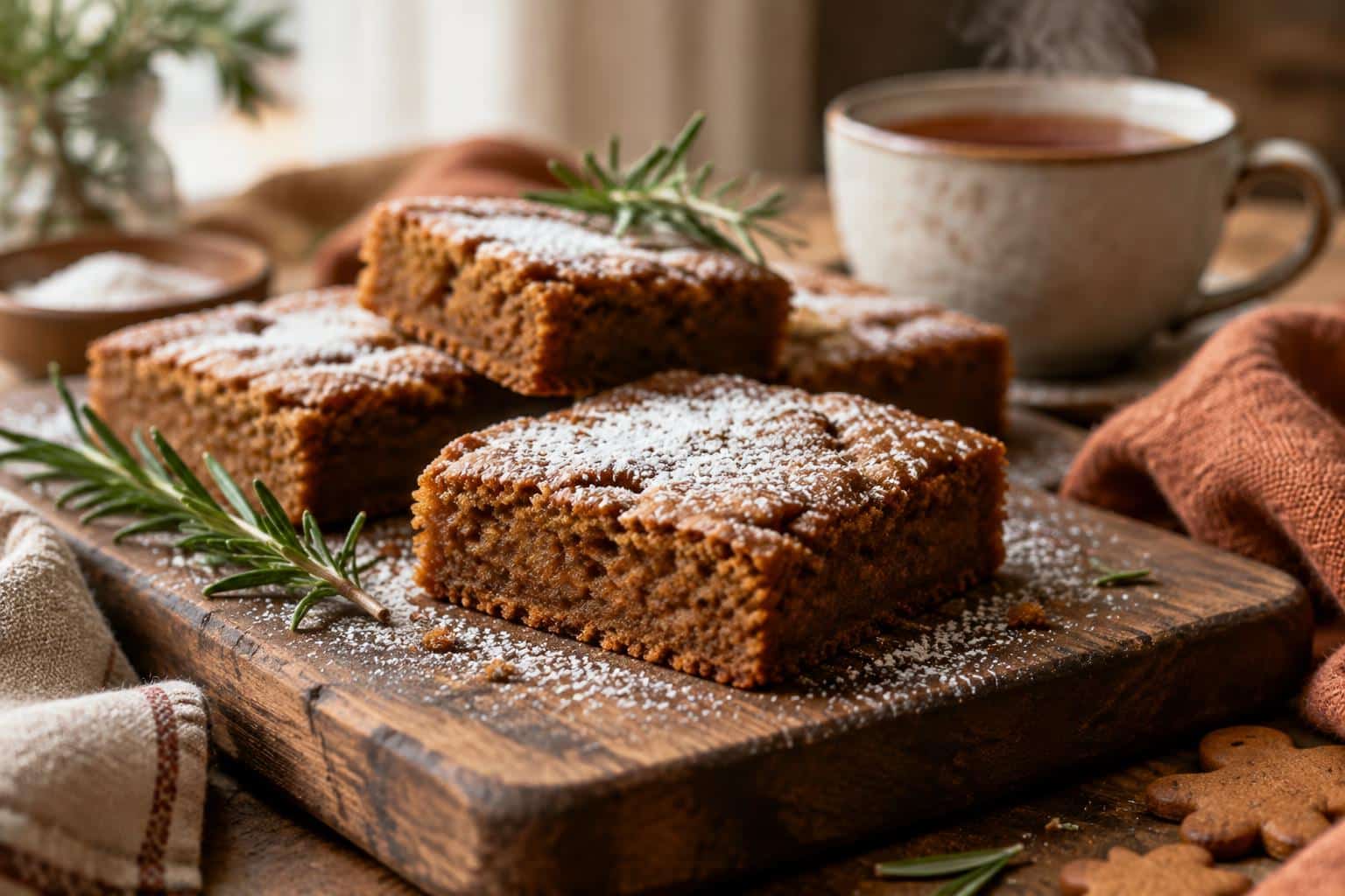 Close-up of freshly baked gingerbread cookie bars with powdered sugar and rosemary garnish