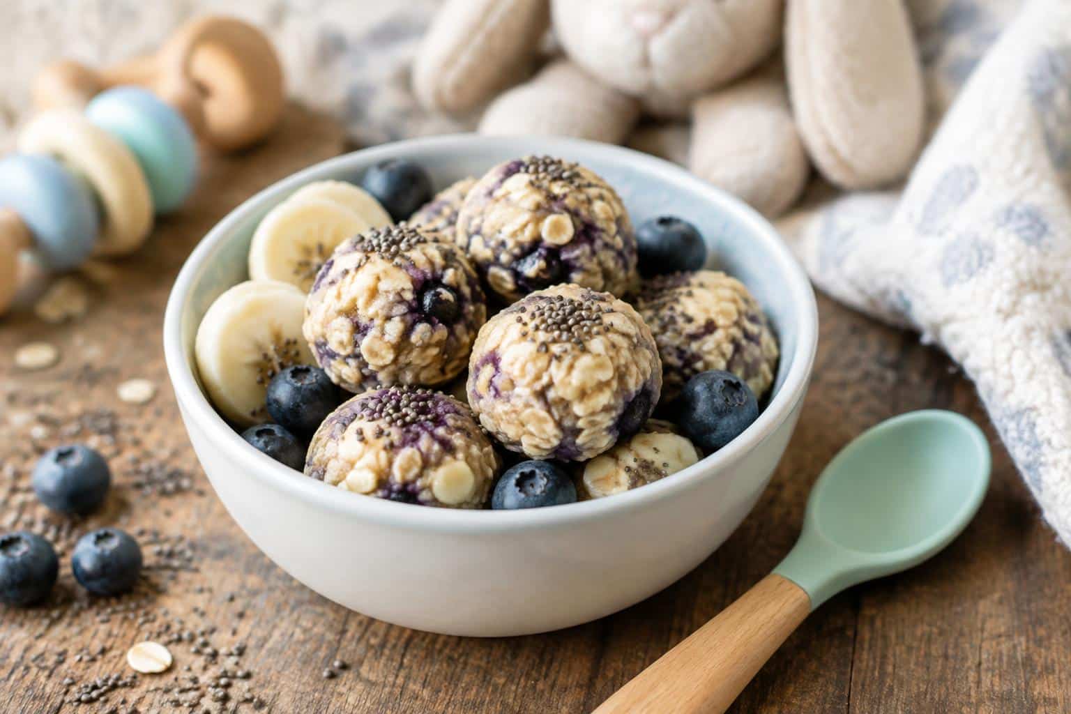 Healthy baby breakfast ideas served in a bowl with oats, banana, blueberries, and chia seeds