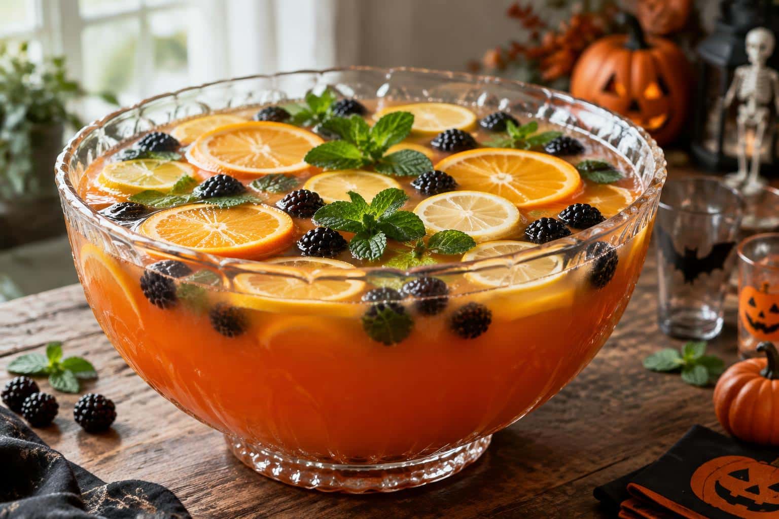 Hocus pocus halloween punch in a glass bowl garnished with fruit and mint leaves