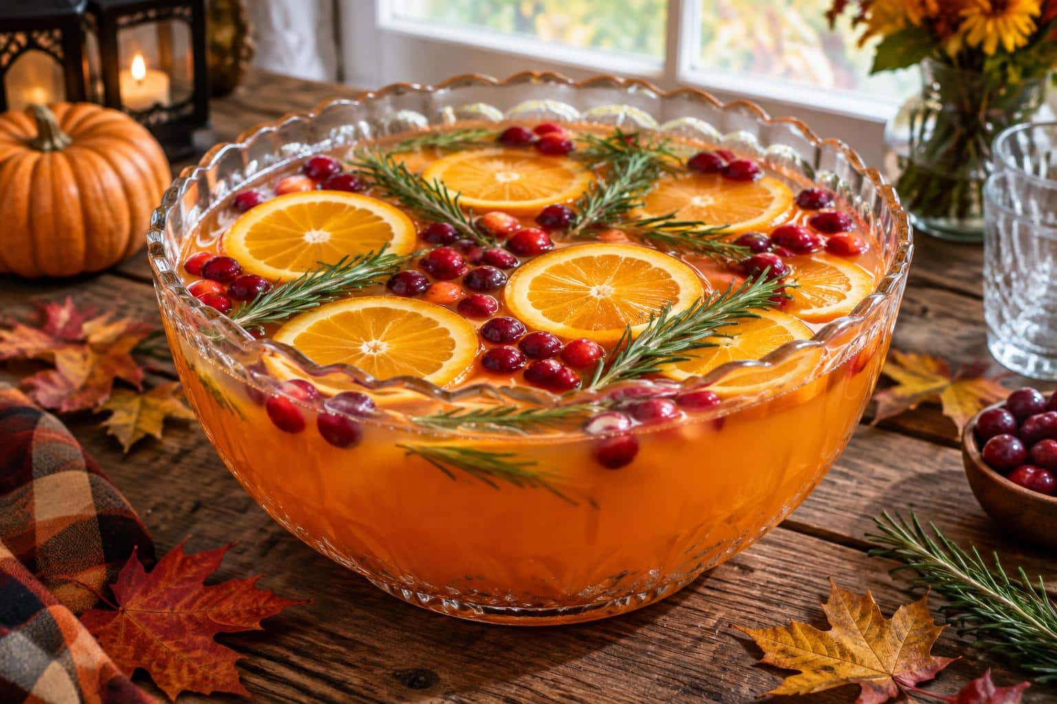 A bowl of simple hocus pocus halloween punch garnished with orange slices and cranberries