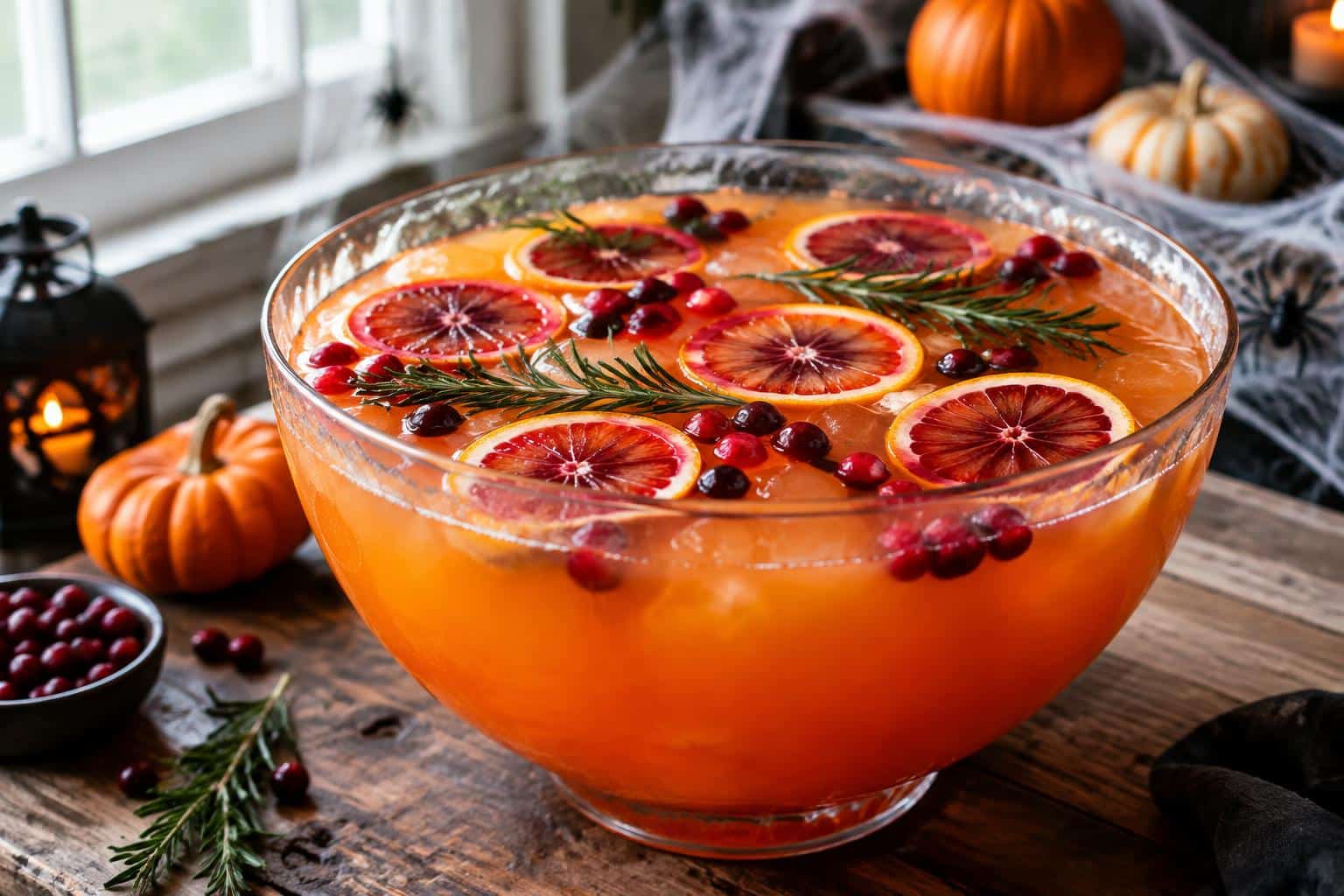 Simple hocus pocus non-alcoholic halloween punch in a festive bowl with fruit garnish