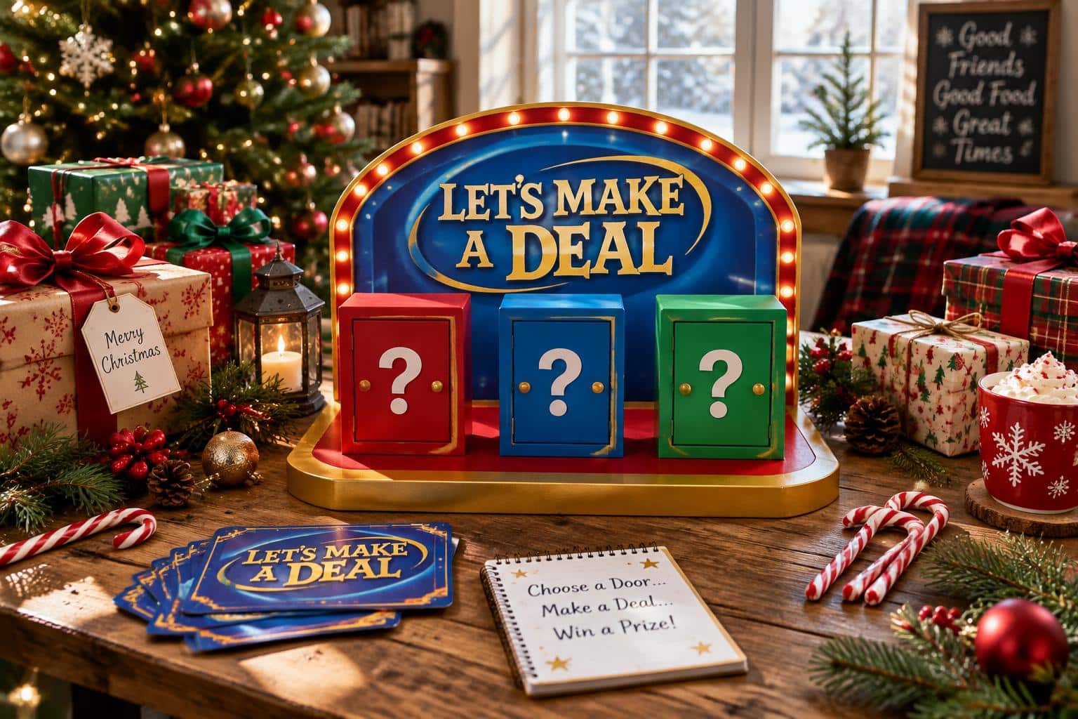 Let's Make a Deal Christmas party game setup with festive decorations and candy canes