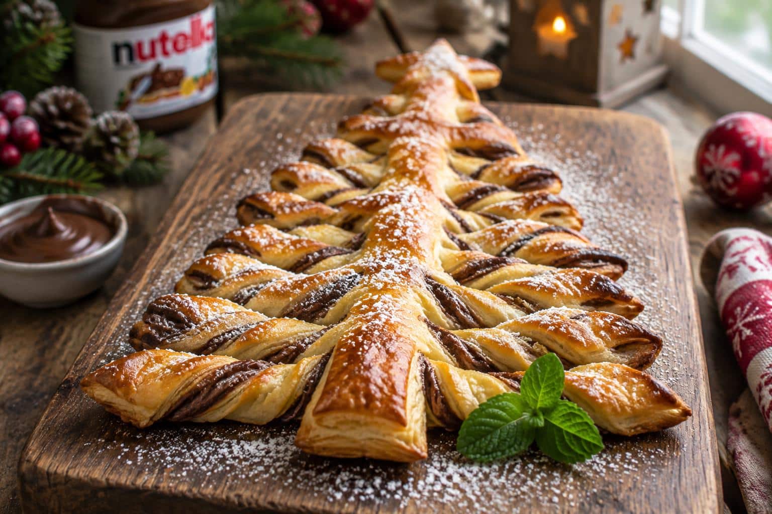 Golden baked sapin de noël feuilleté with Nutella filling on rustic wooden board