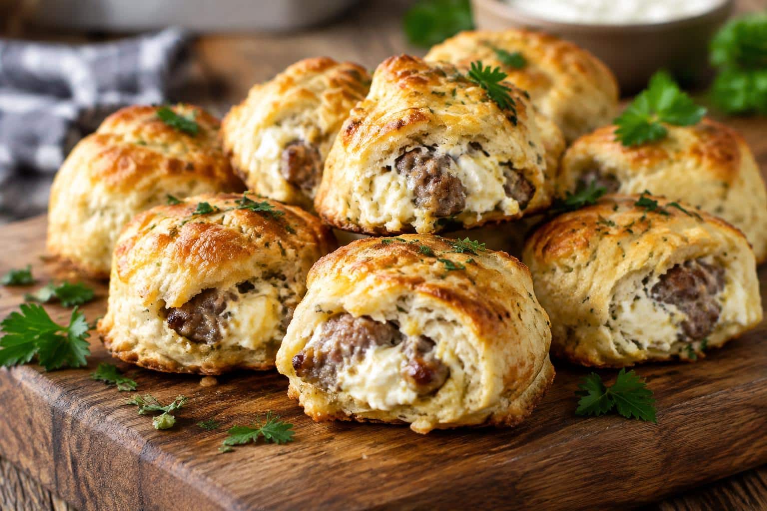 Golden baked sausage cream cheese biscuit bites appetizer with parsley garnish