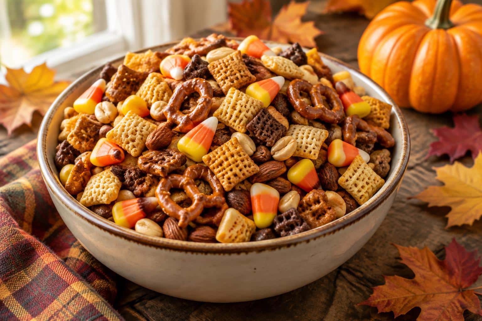Close-up of a bowl of scarecrow crunch snack mix with cereals, pretzels, nuts, and candy corn in natural light
