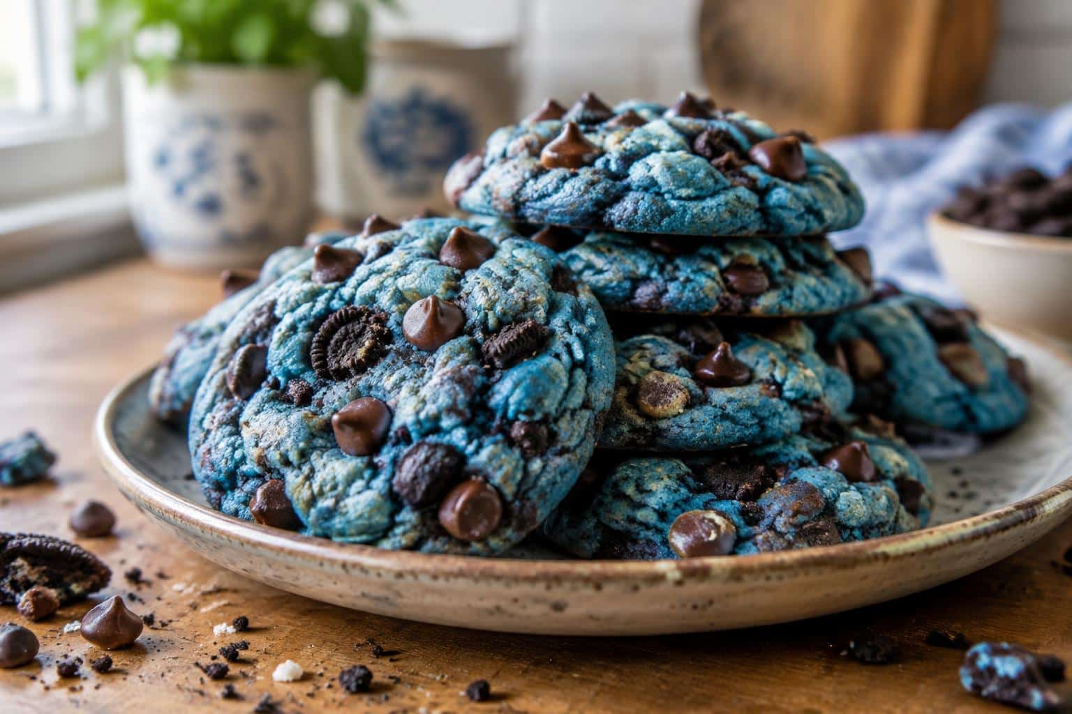 Soft and chewy cookie monster cookies with chocolate chips and blue candy chunks on a rustic plate