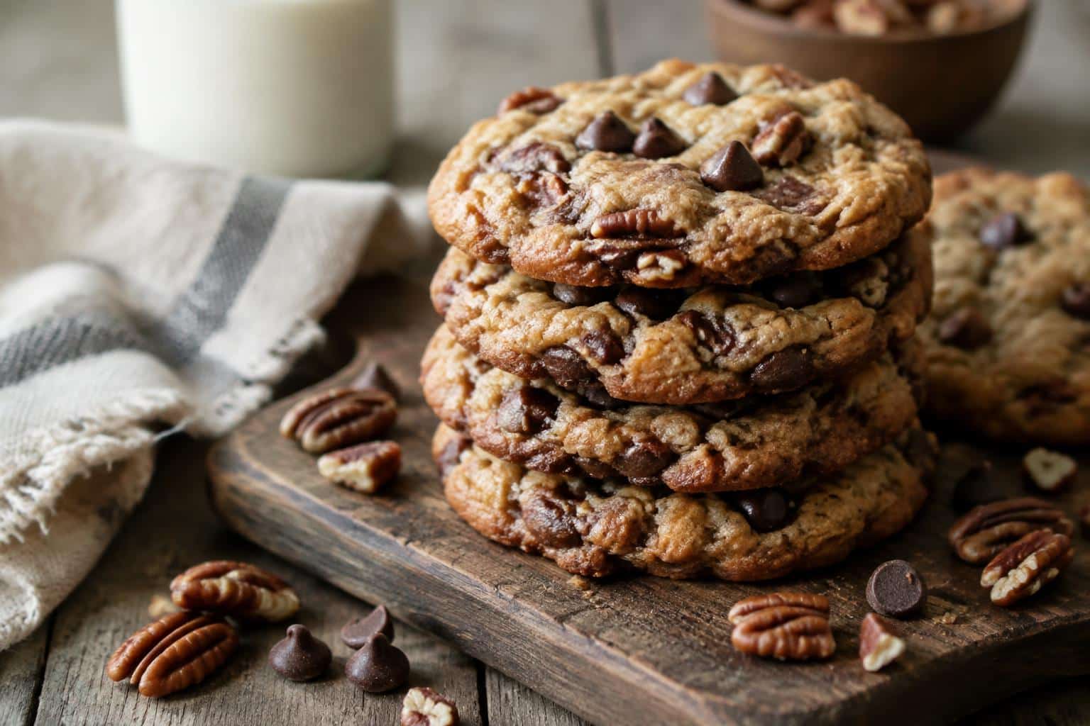 Close-up of freshly baked texas cowboy cookies stacked with chocolate chips and pecans visible