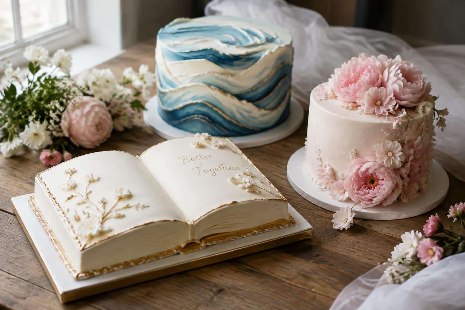 Simple wedding cakes with book, wave, and girl-themed designs in soft natural light