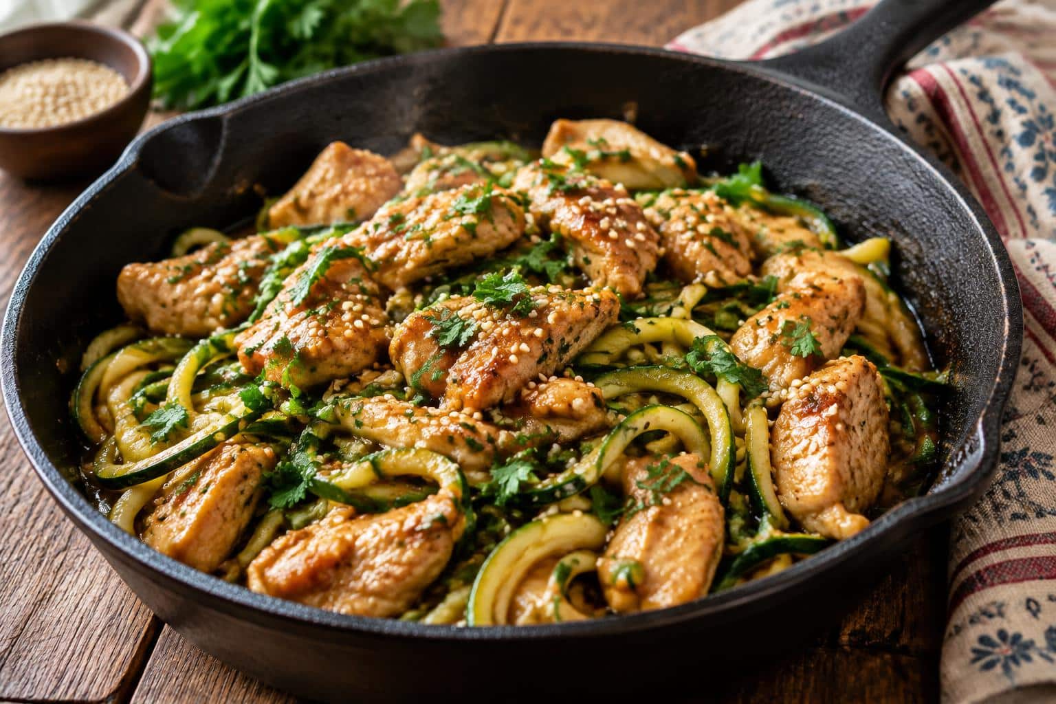 Sizzling garlic chicken stir fry with zucchini noodles garnished with parsley and sesame seeds