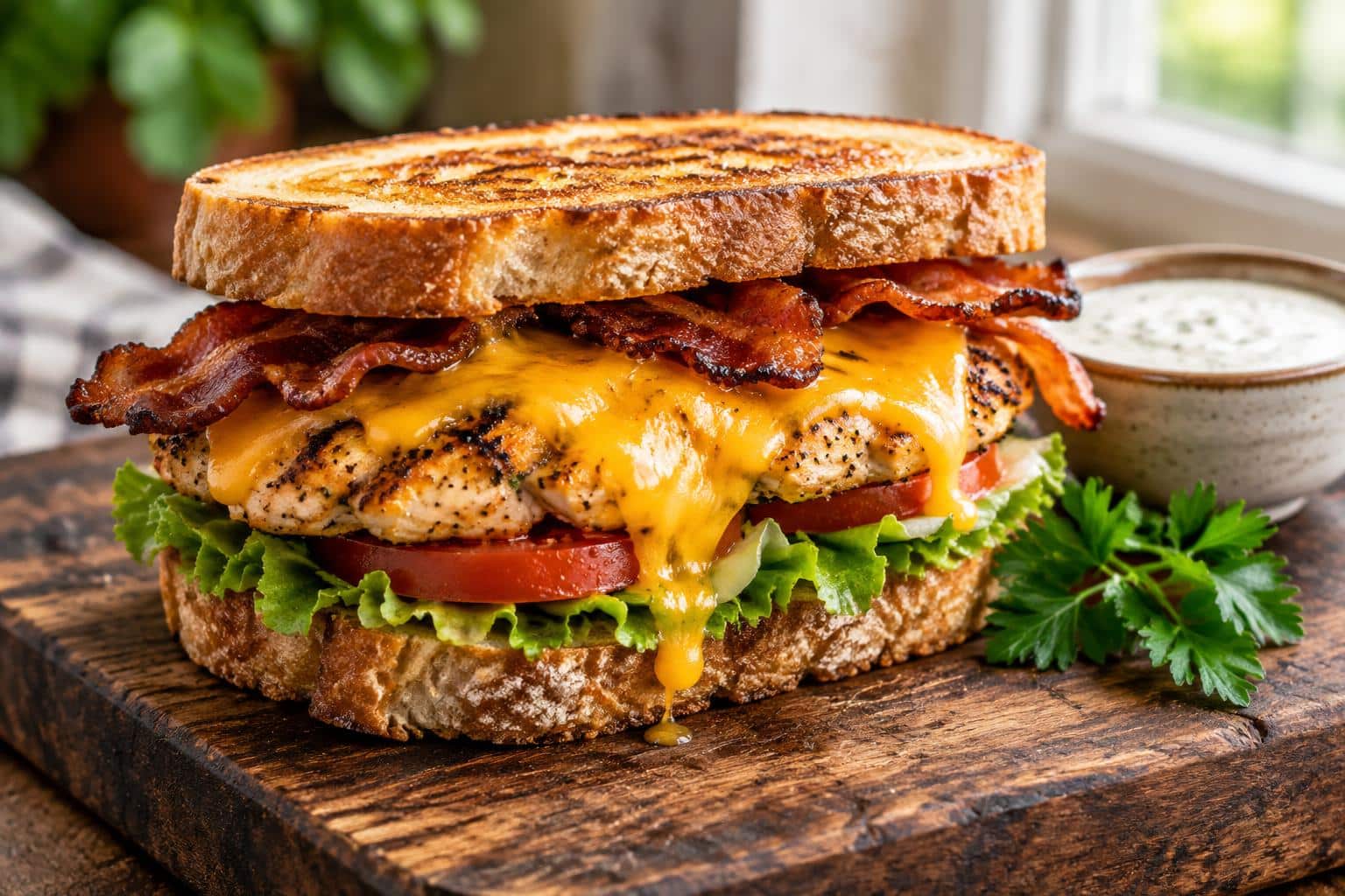 Grilled ranch chicken melt with bacon and melted cheese on a rustic wooden board
