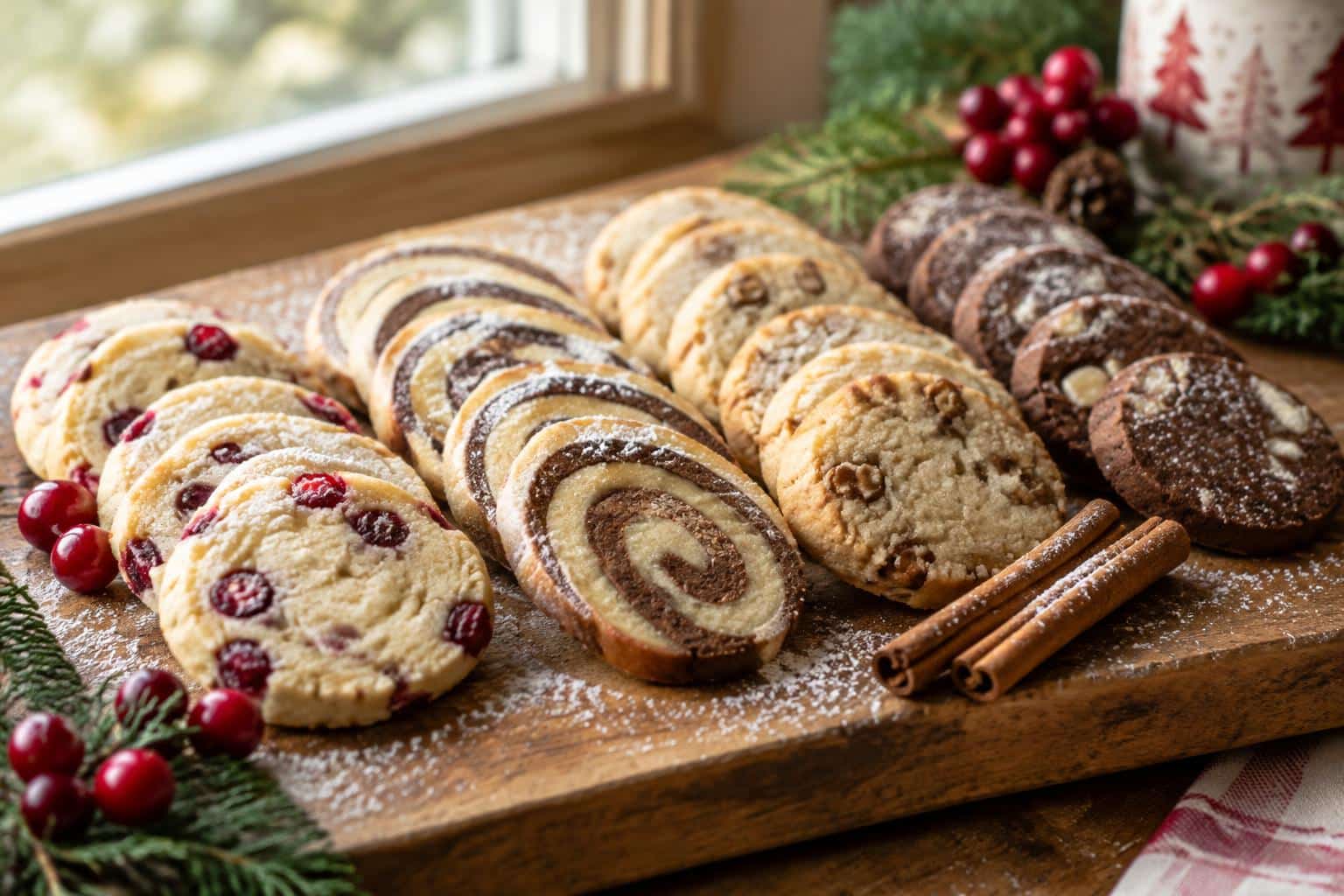 Four festive slice and bake cookies on rustic board with holiday garnishes