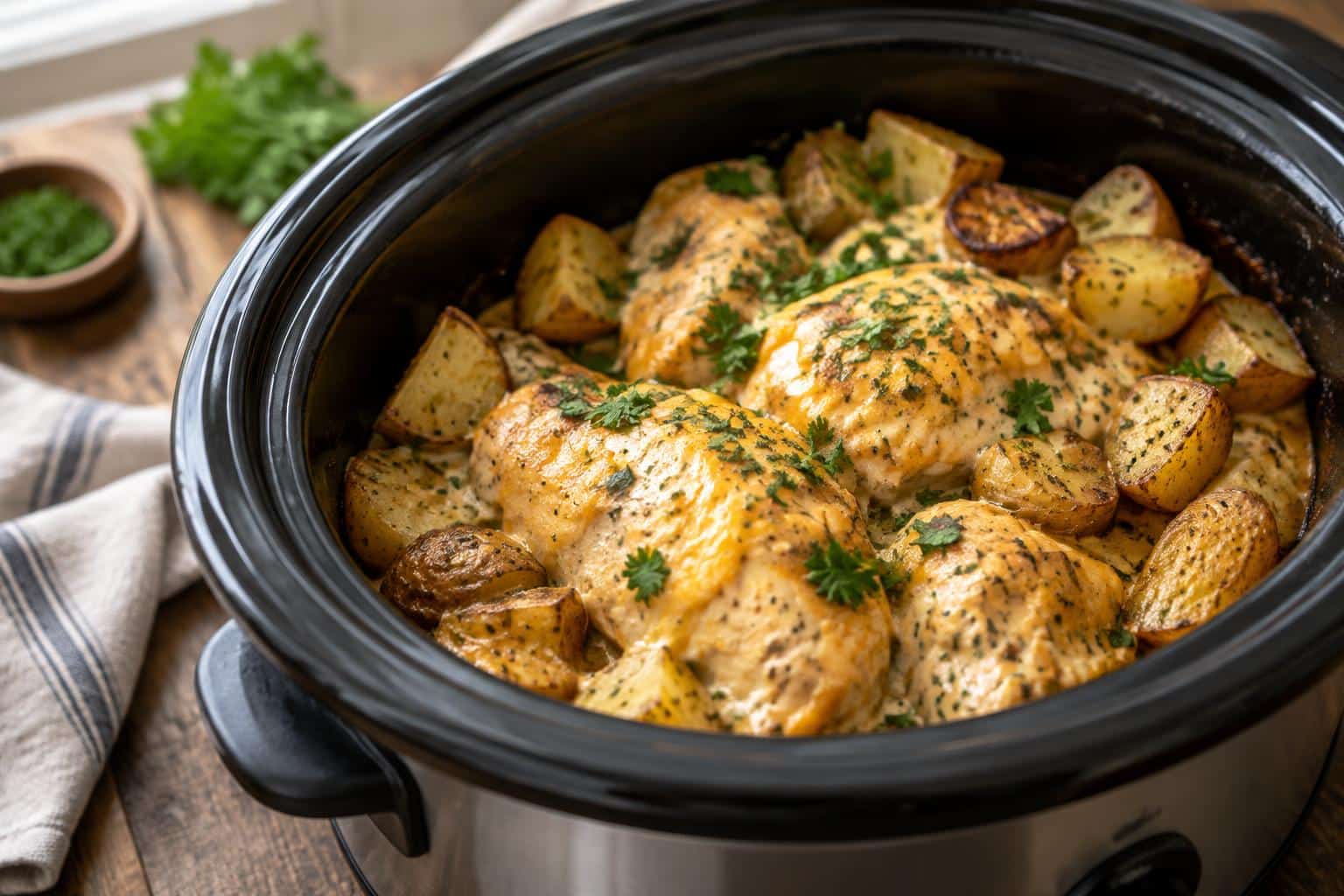 Slow cooker cheesy ranch chicken and potatoes garnished with fresh parsley in a rustic bowl