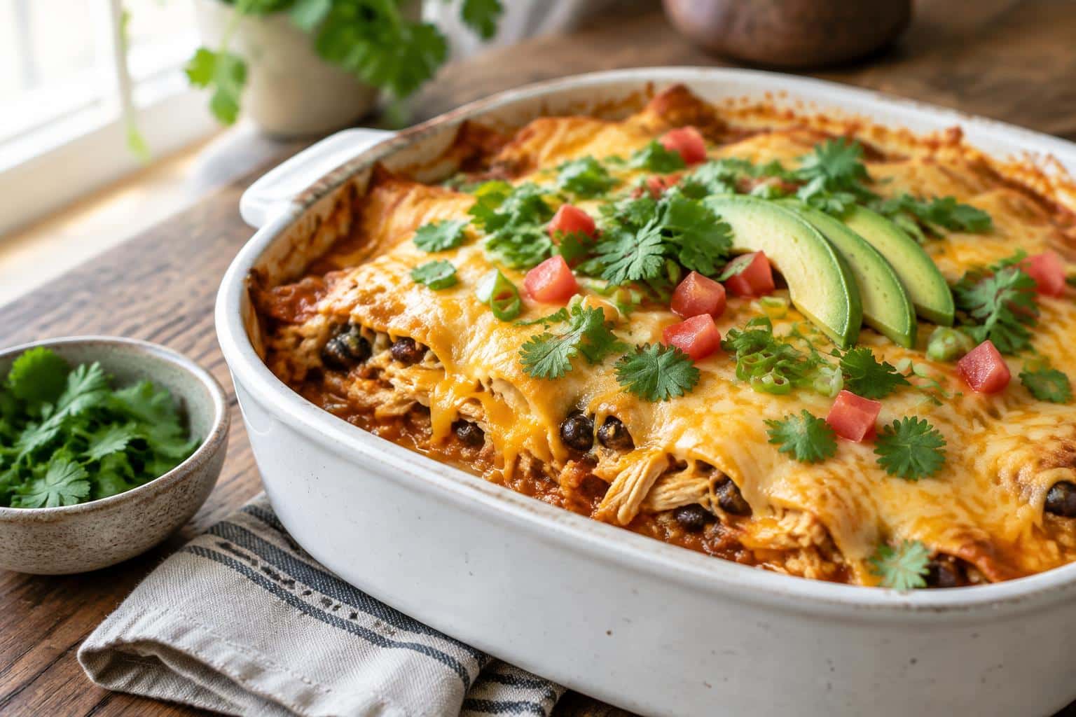Slow cooker chicken enchilada casserole with melted cheese and fresh cilantro garnish