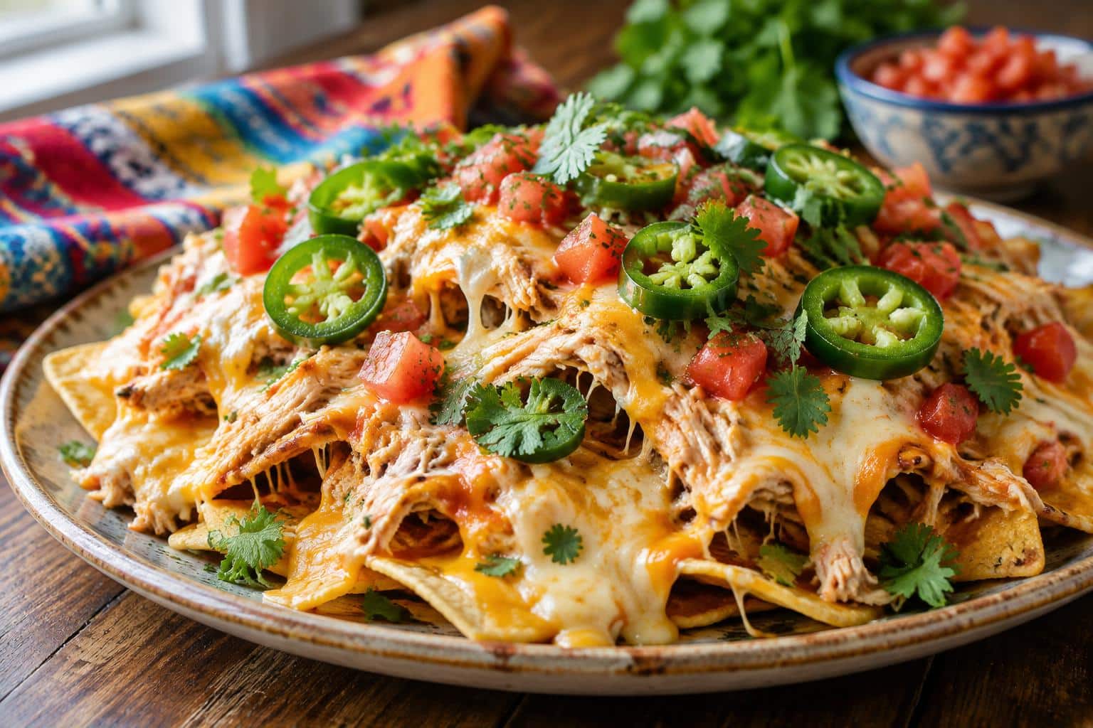 Slow cooker creamy chicken nachos topped with melted cheese, jalapeños, and diced tomatoes