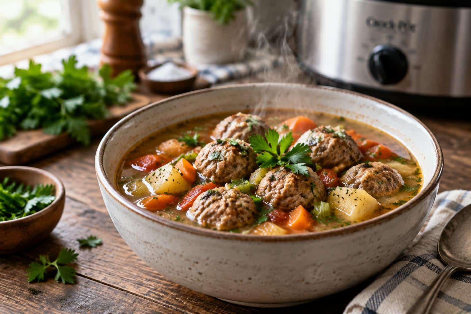 Hearty slow cooker meatball soup with vegetables and fresh parsley garnish