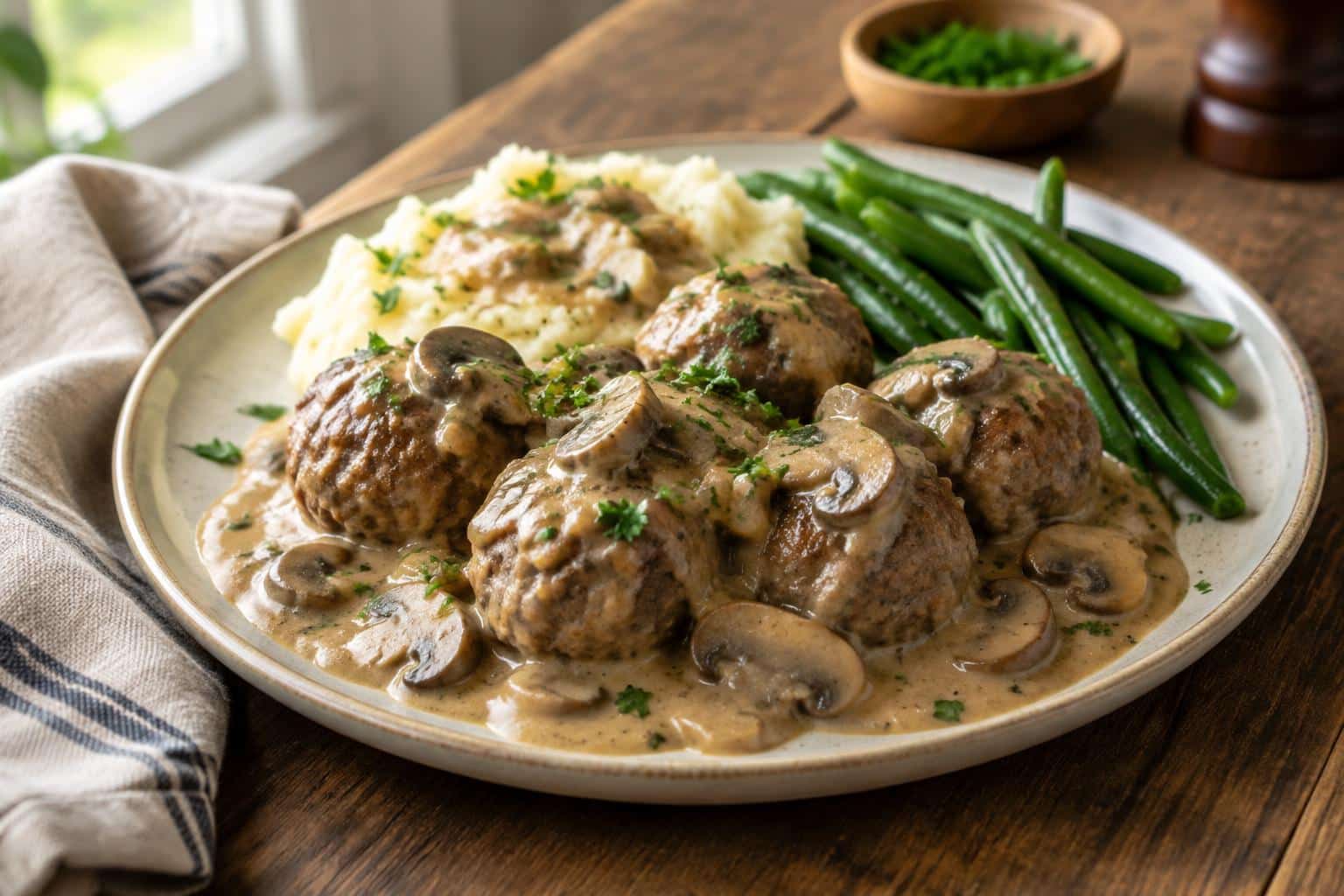 Slow cooker Salisbury steak meatballs with mushroom gravy and parsley garnish