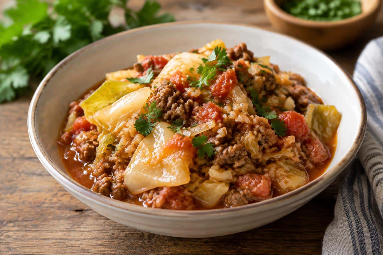 Slow cooker cabbage rolls in a bowl garnished with fresh parsley, slow cooker cabbage recipe