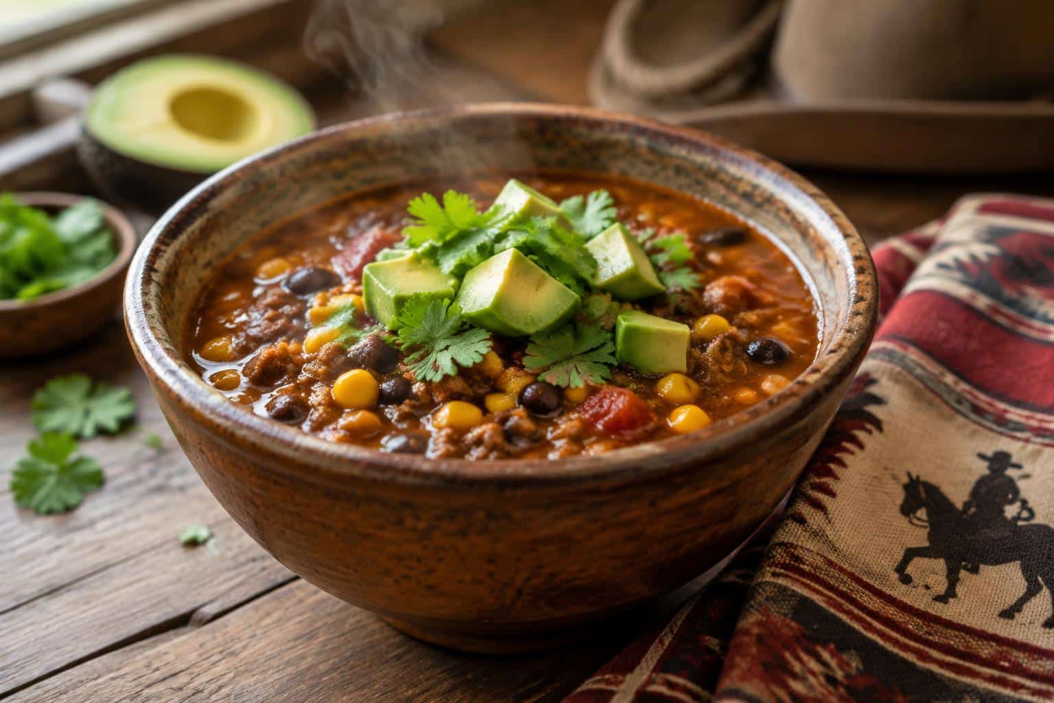 Steaming bowl of smoky cowboy soup garnished with cilantro and avocado in rustic bowl