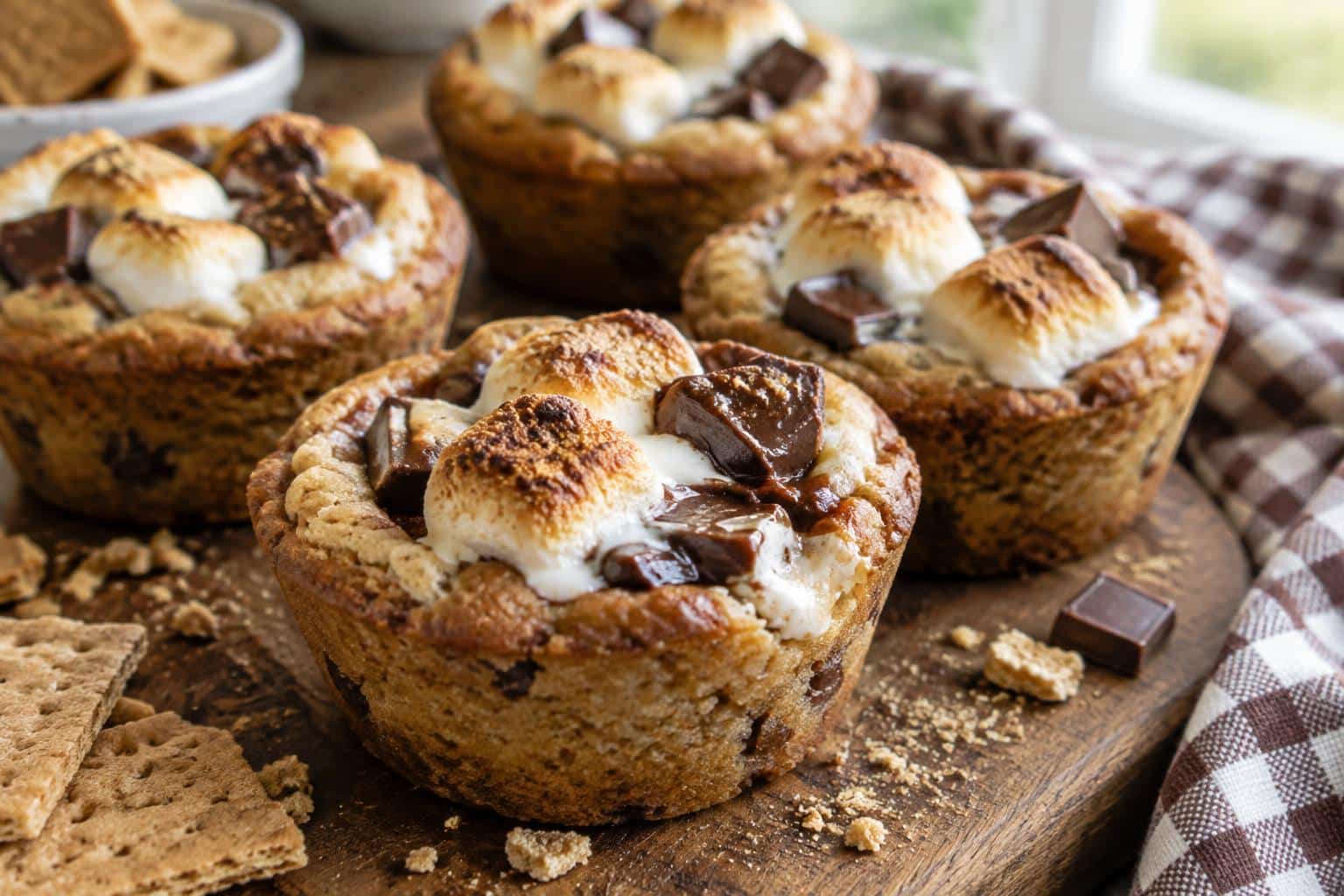 Close-up of gooey smores cookie cups with toasted marshmallows and chocolate chunks