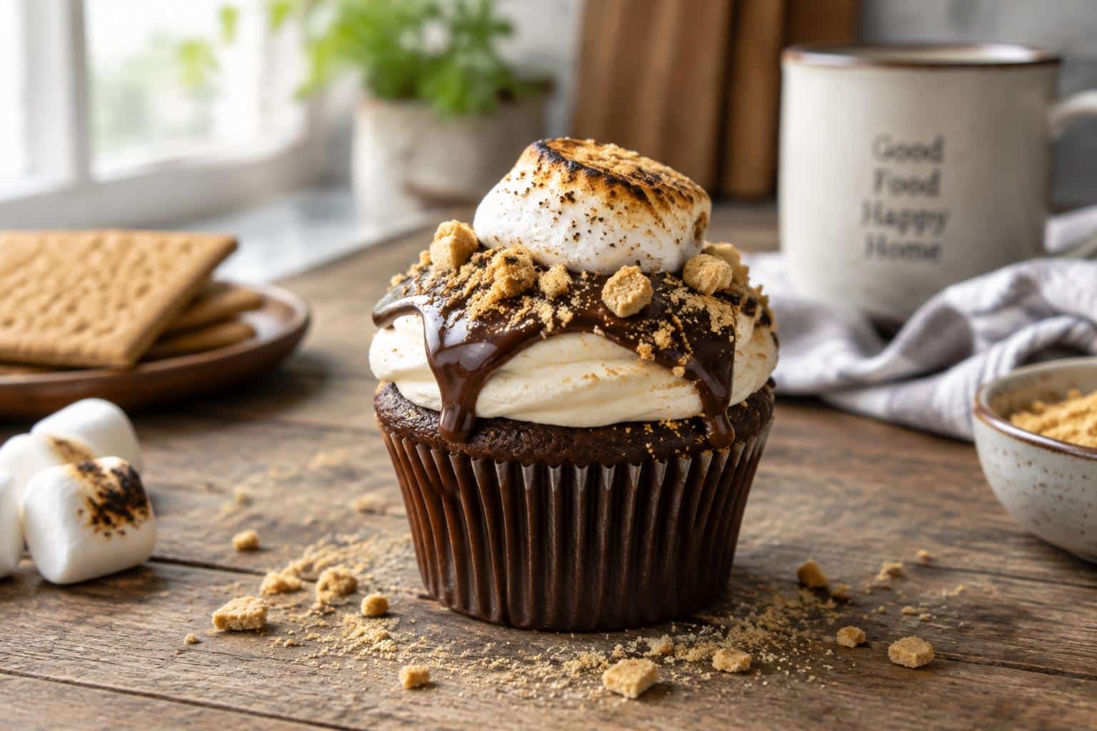 Close-up of a frosted s'mores cupcakes with toasted marshmallow and graham cracker crumbs
