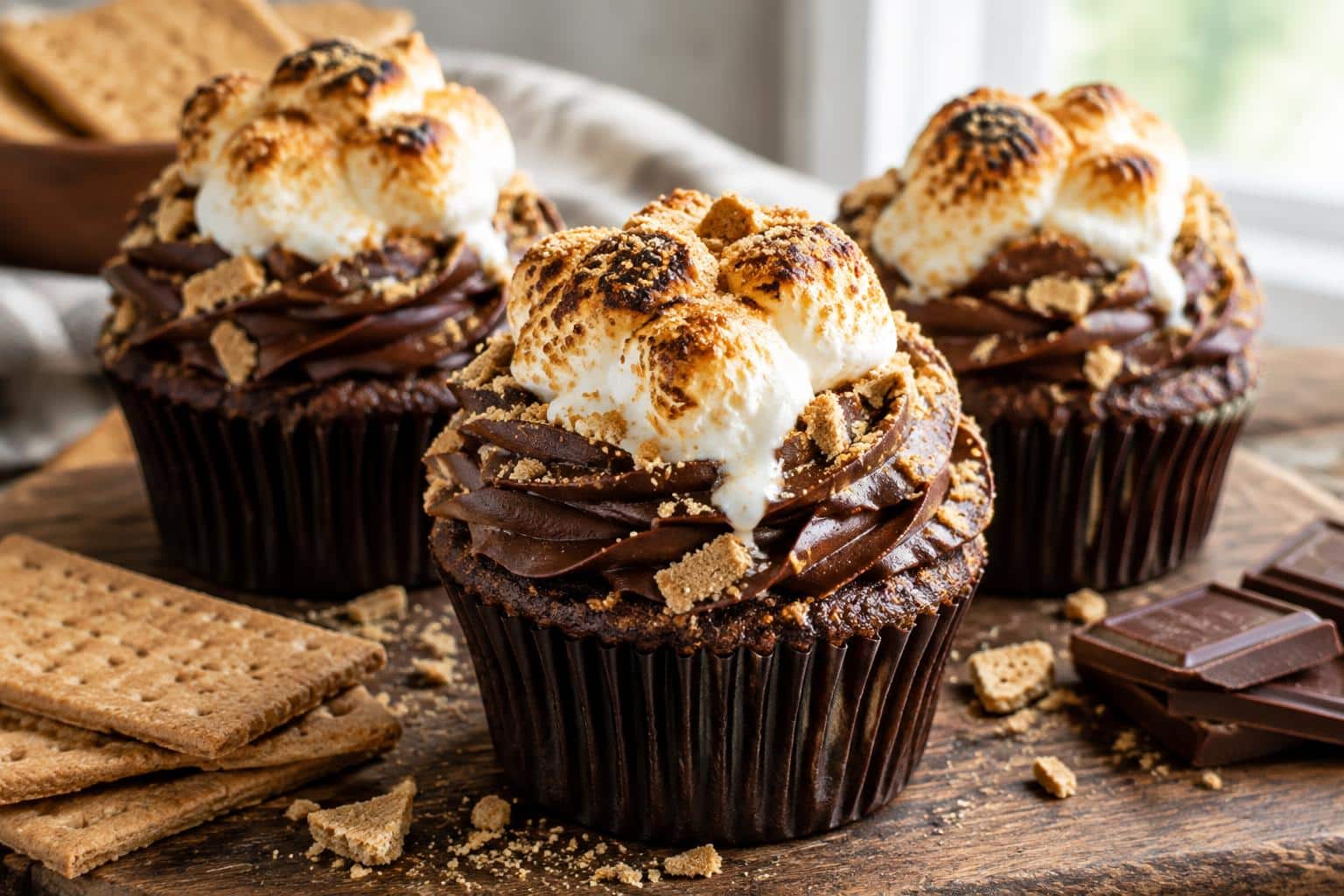 Three s'mores cupcakes with toasted marshmallow topping and crumbled graham crackers, showcasing s'mores cupcakes desser