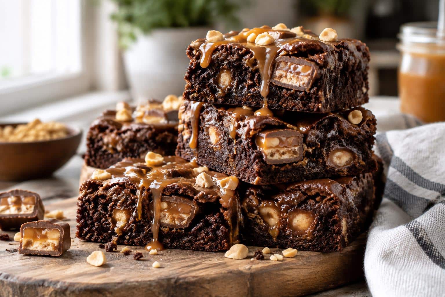Delicious snickers brownies with caramel and peanuts on a rustic board, highlighting the snickers brownies texture