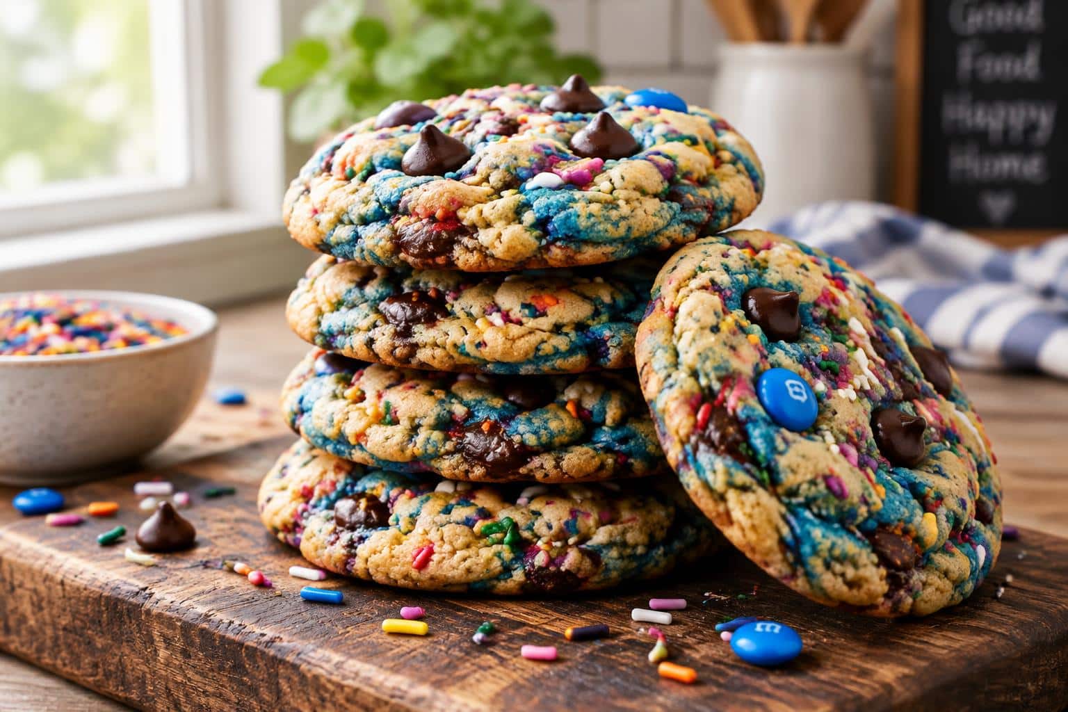 Soft and chewy cookie monster cookies with chocolate chips and colorful candy pieces on a rustic wooden board
