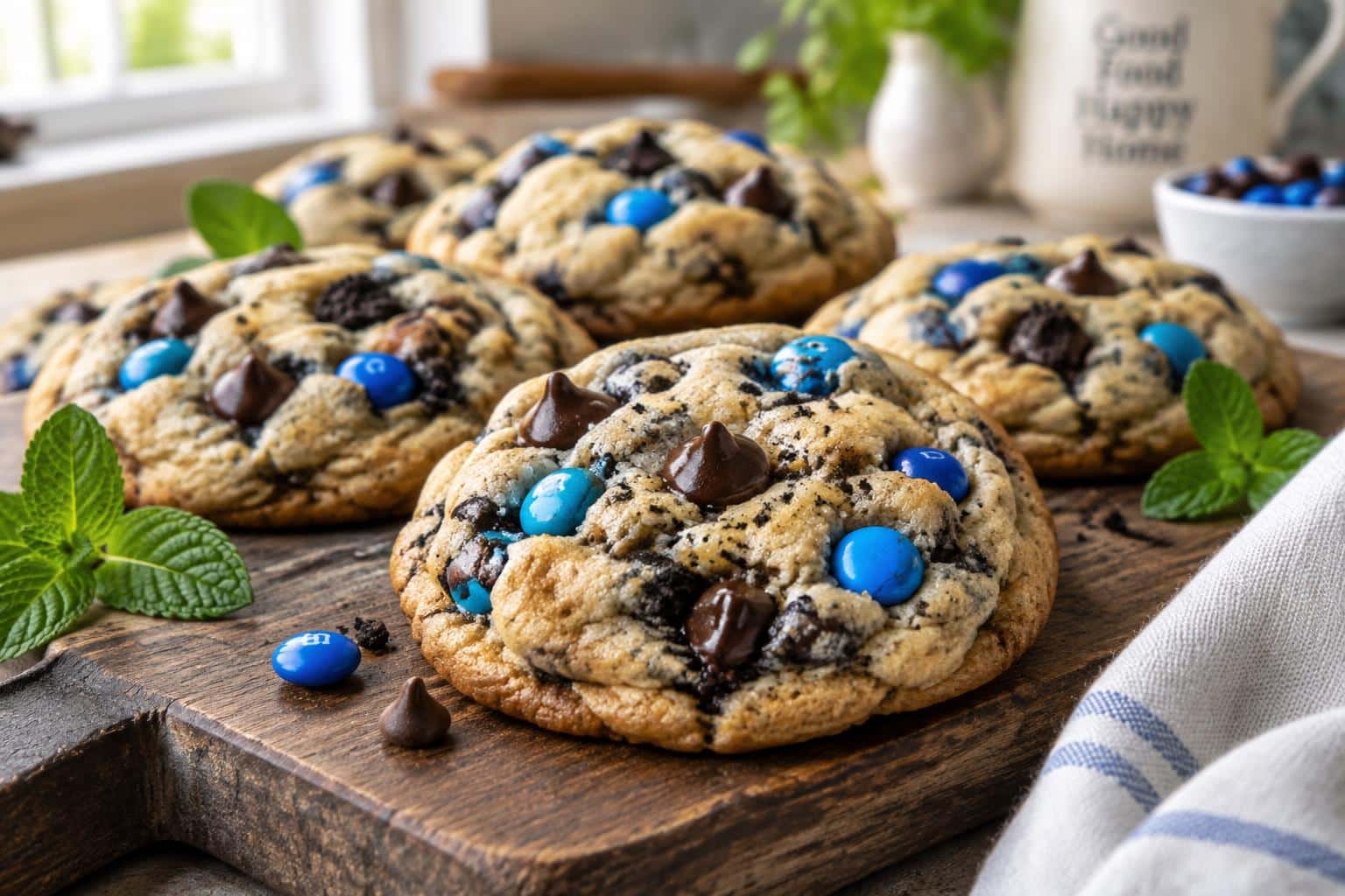 Soft and chewy cookie monster cookies with colorful candy pieces and chocolate chips on a wooden board