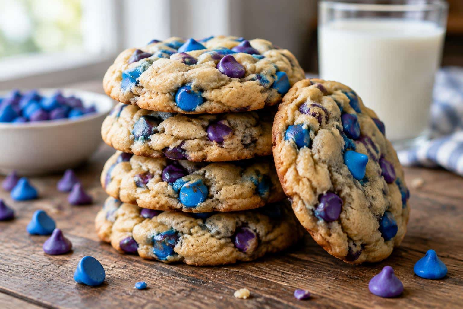 Soft and chewy cookie monster cookies with colorful chips on rustic wooden surface
