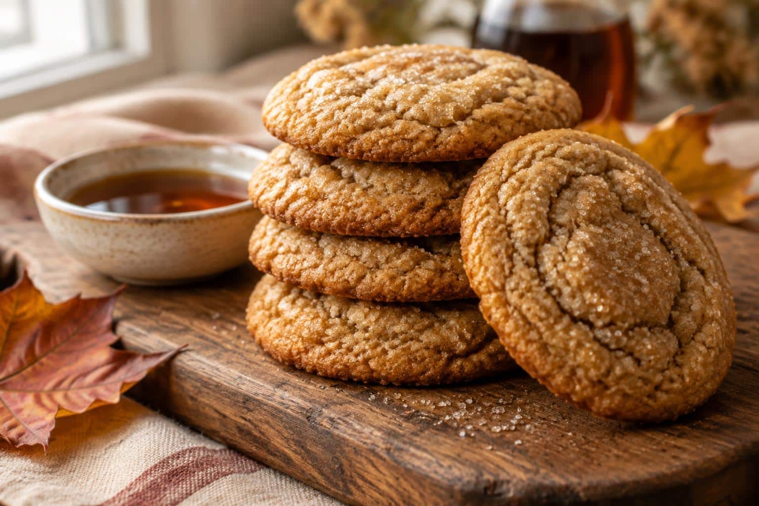 A stack of soft maple brown sugar cookies on rustic board with maple syrup, showcasing maple brown sugar cookies