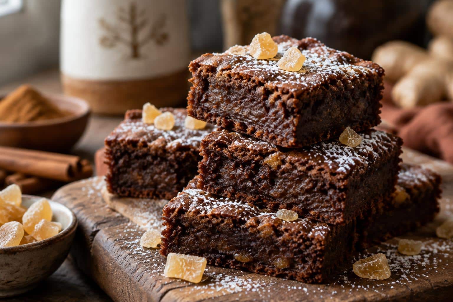 Spiced chewy gingerbread brownies stacked with powdered sugar and crystallized ginger garnish
