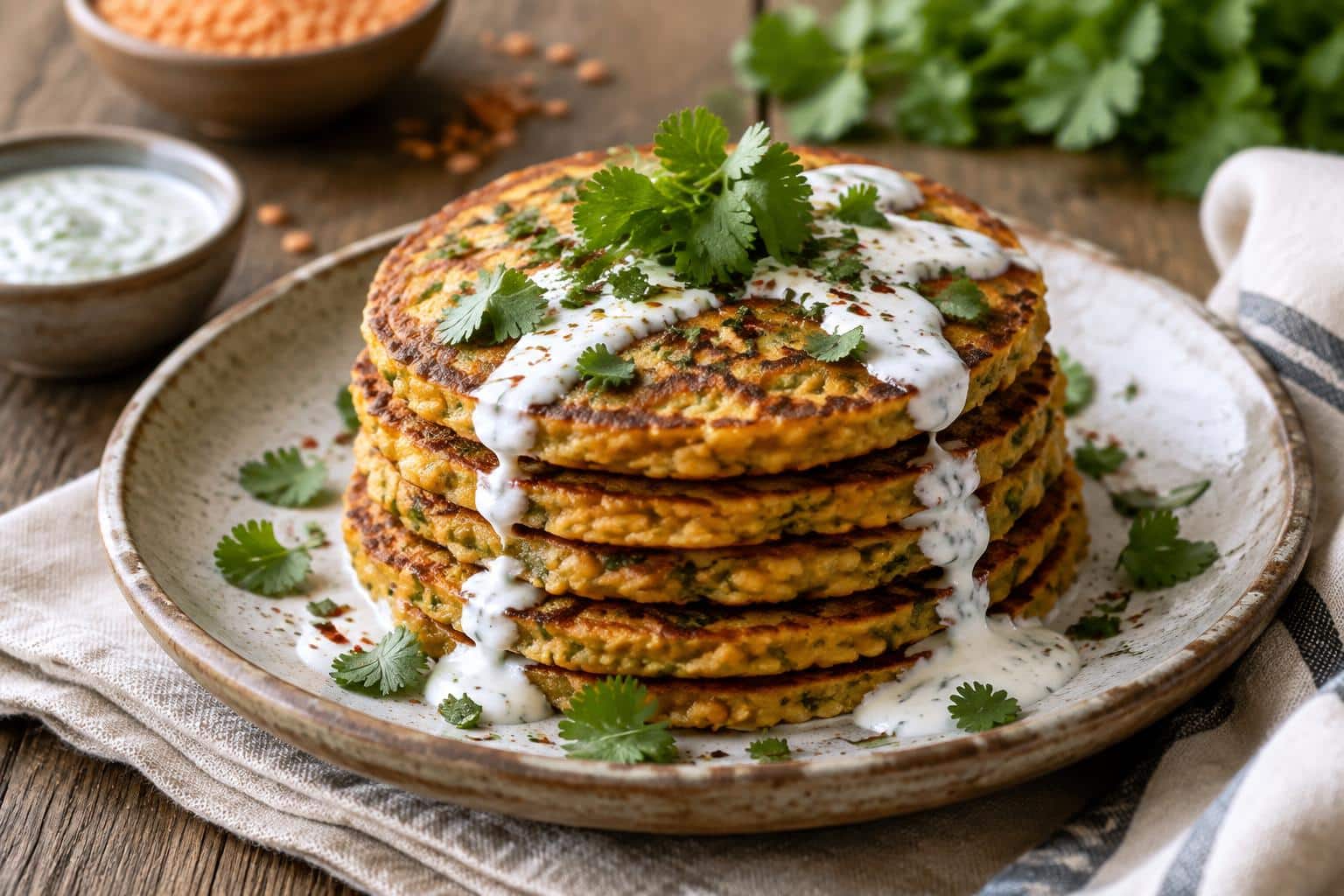 Golden spiced red lentil pancakes stacked and garnished with cilantro and yogurt sauce