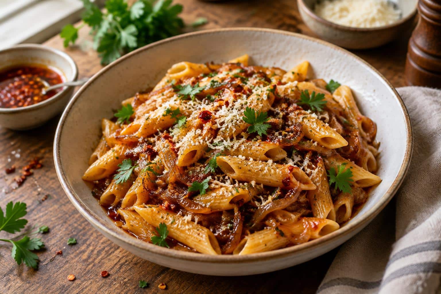 Spicy caramelized onion pasta drizzled with fiery chilli oil garnished with fresh herbs