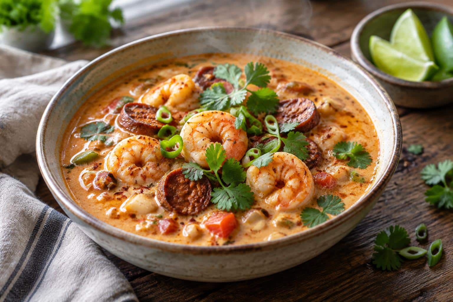 Spicy coconut shrimp chowder with chorizo garnished with cilantro and green onions in a rustic bowl