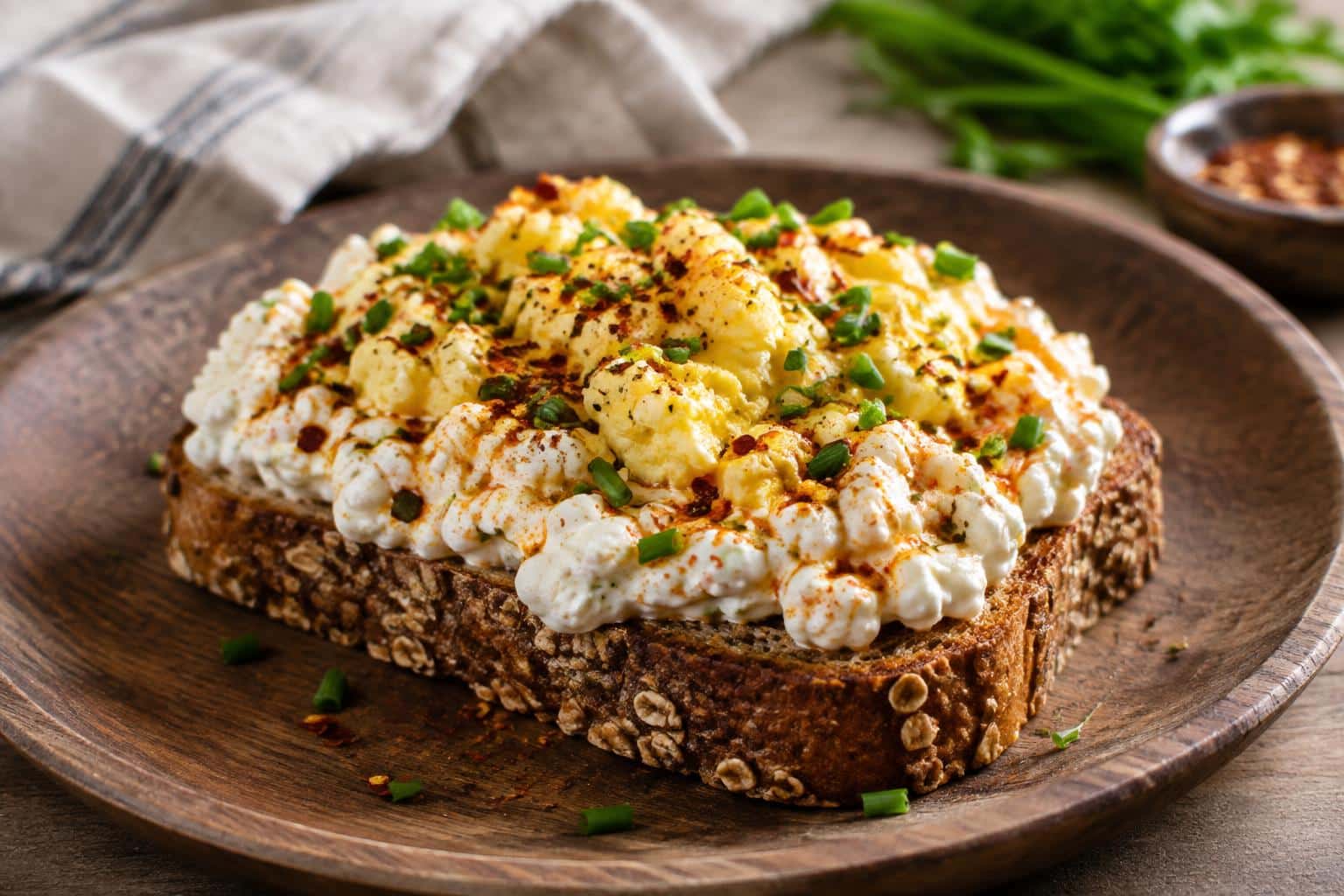 Spicy cottage cheese and egg protein toast garnished with red pepper flakes and fresh chives