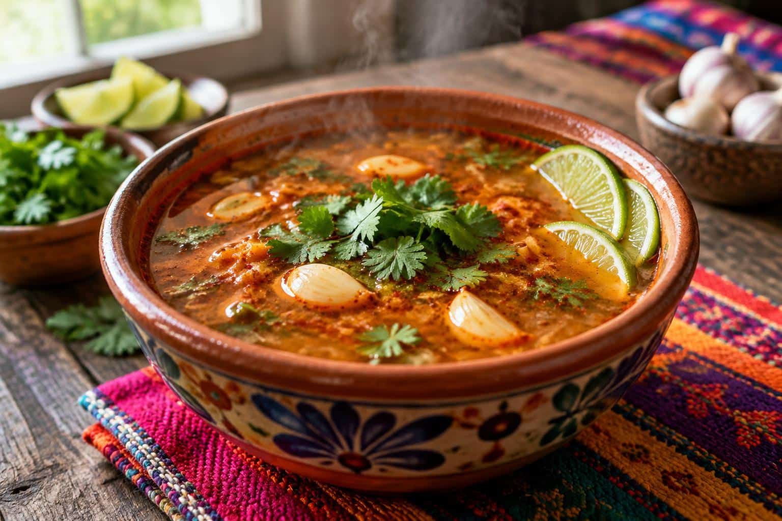 bowl of spicy mexican garlic soup garnished with cilantro and lime wedges