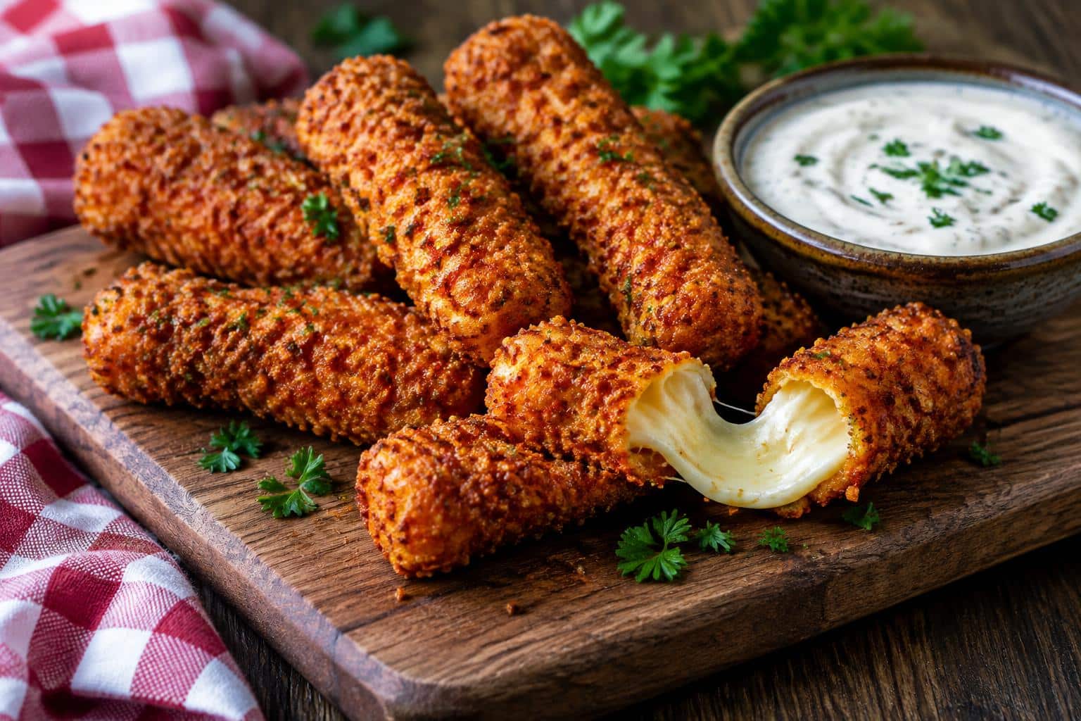 Crispy spicy Nashville-style mozzarella sticks with ranch dip and parsley garnish