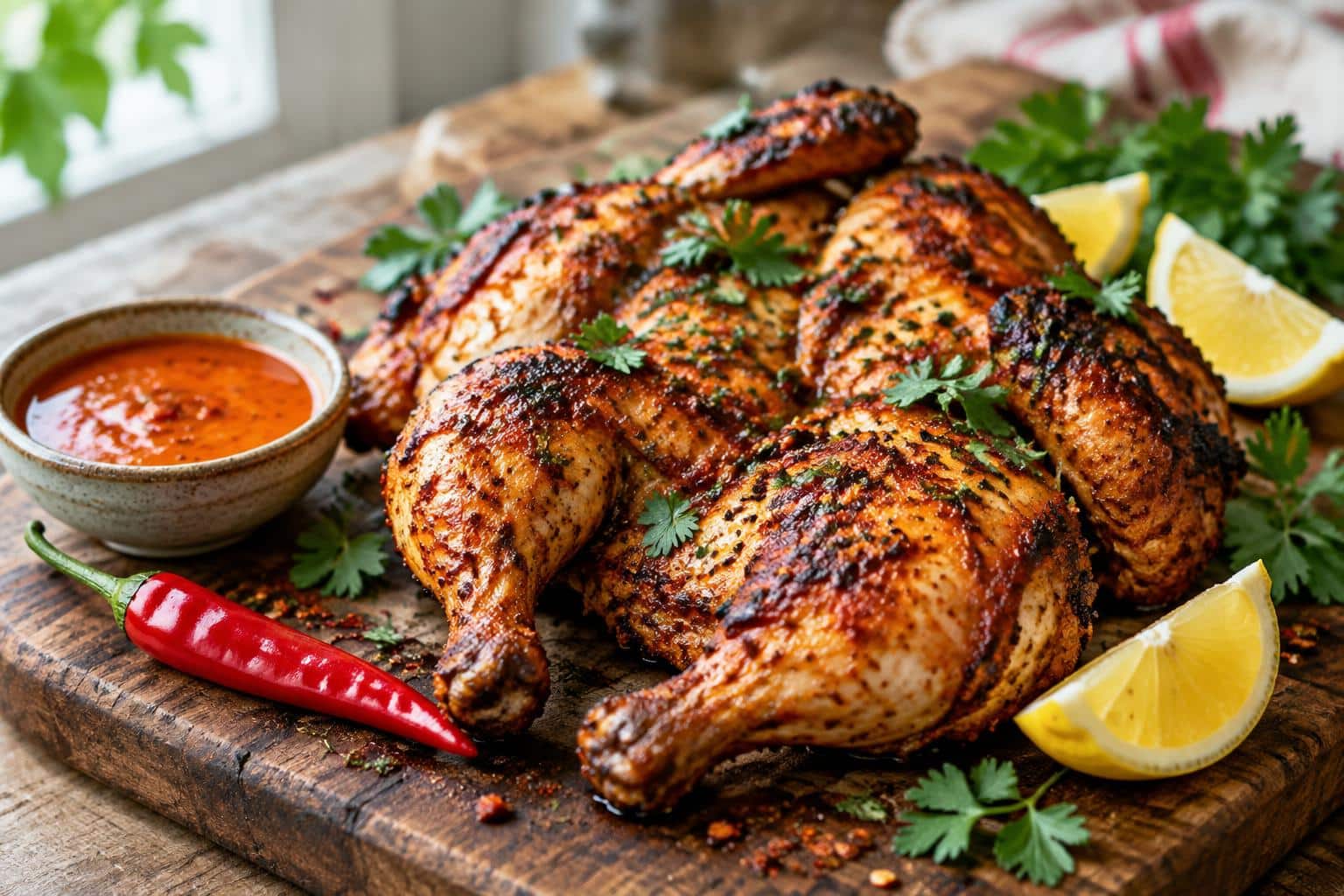 Spicy Portuguese peri peri chicken garnished with herbs and lemon wedges
