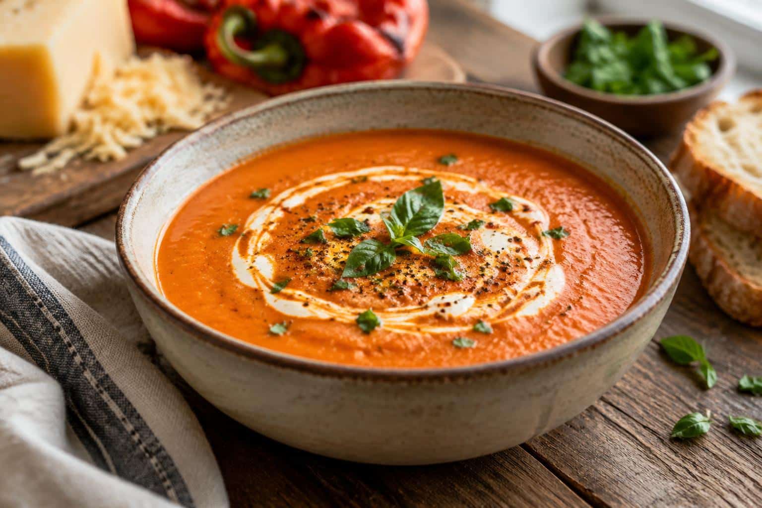 Bowl of spicy roasted red pepper gouda soup with cream swirl and fresh herbs garnish