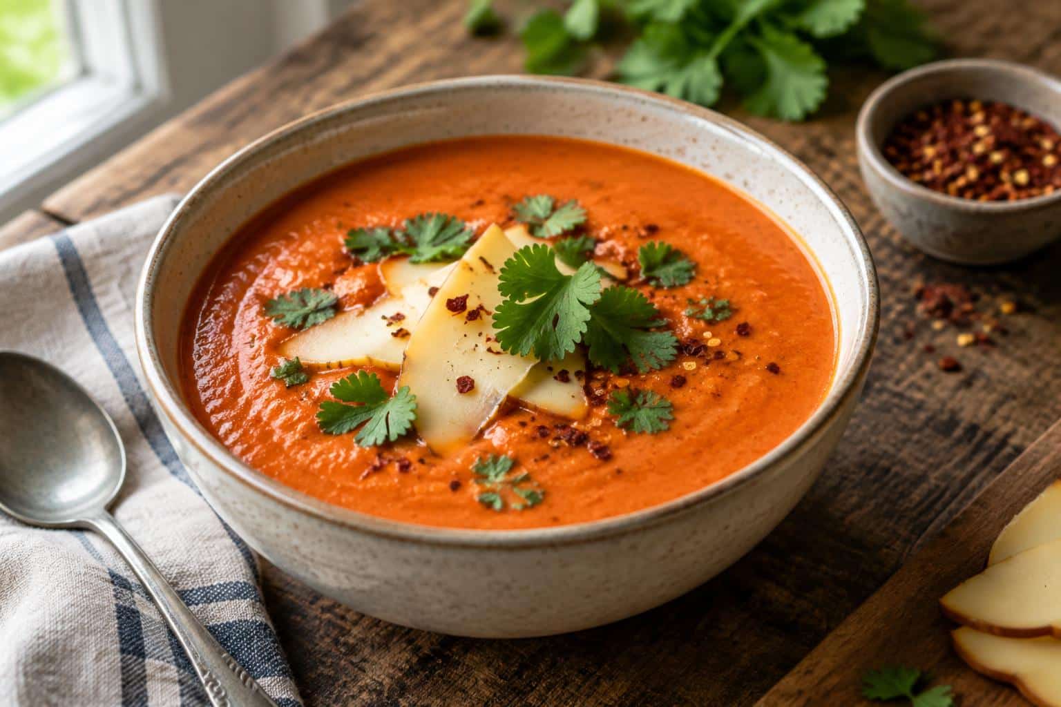 Spicy roasted red pepper soup topped with smoked gouda and fresh cilantro garnishing