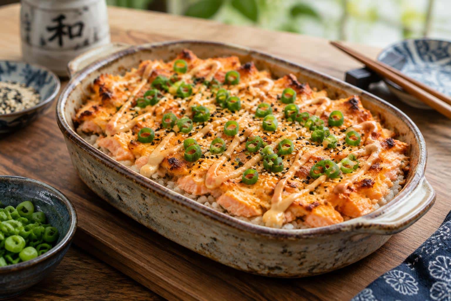 Spicy salmon sushi bake in ceramic dish garnished with scallions and spicy mayo drizzle