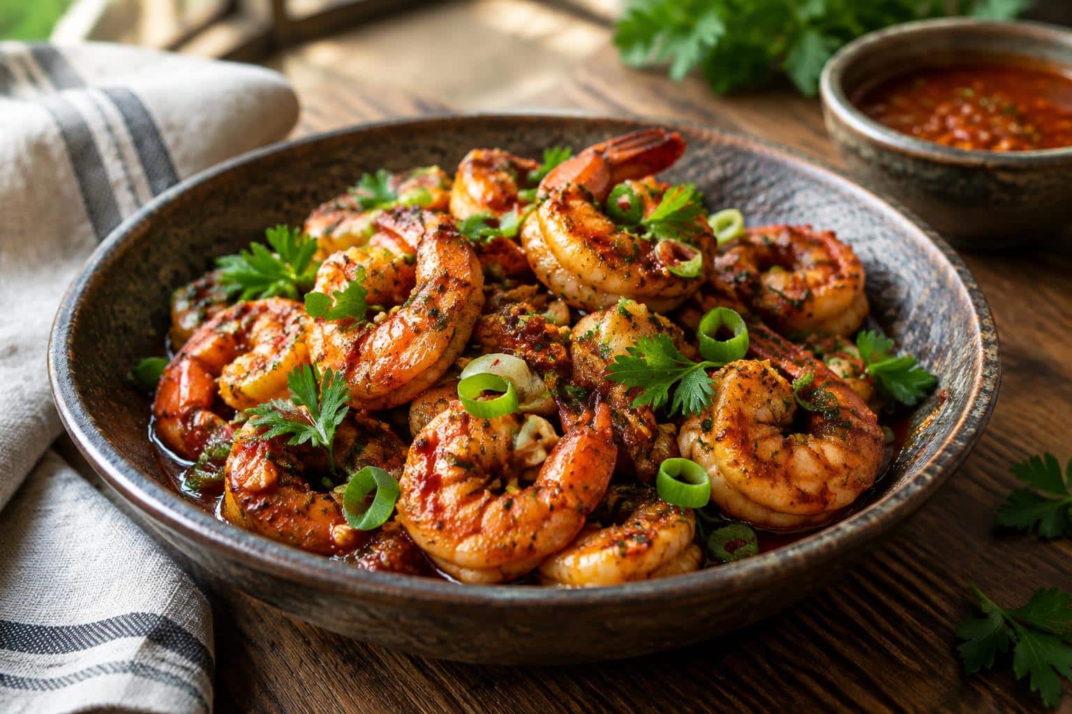 Spicy voodoo shrimp served in rustic bowl with fresh parsley and green onions garnish