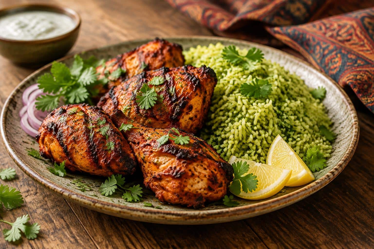 Spicy yogurt-marinated chicken tandoori served with cilantro rice and fresh cilantro garnish