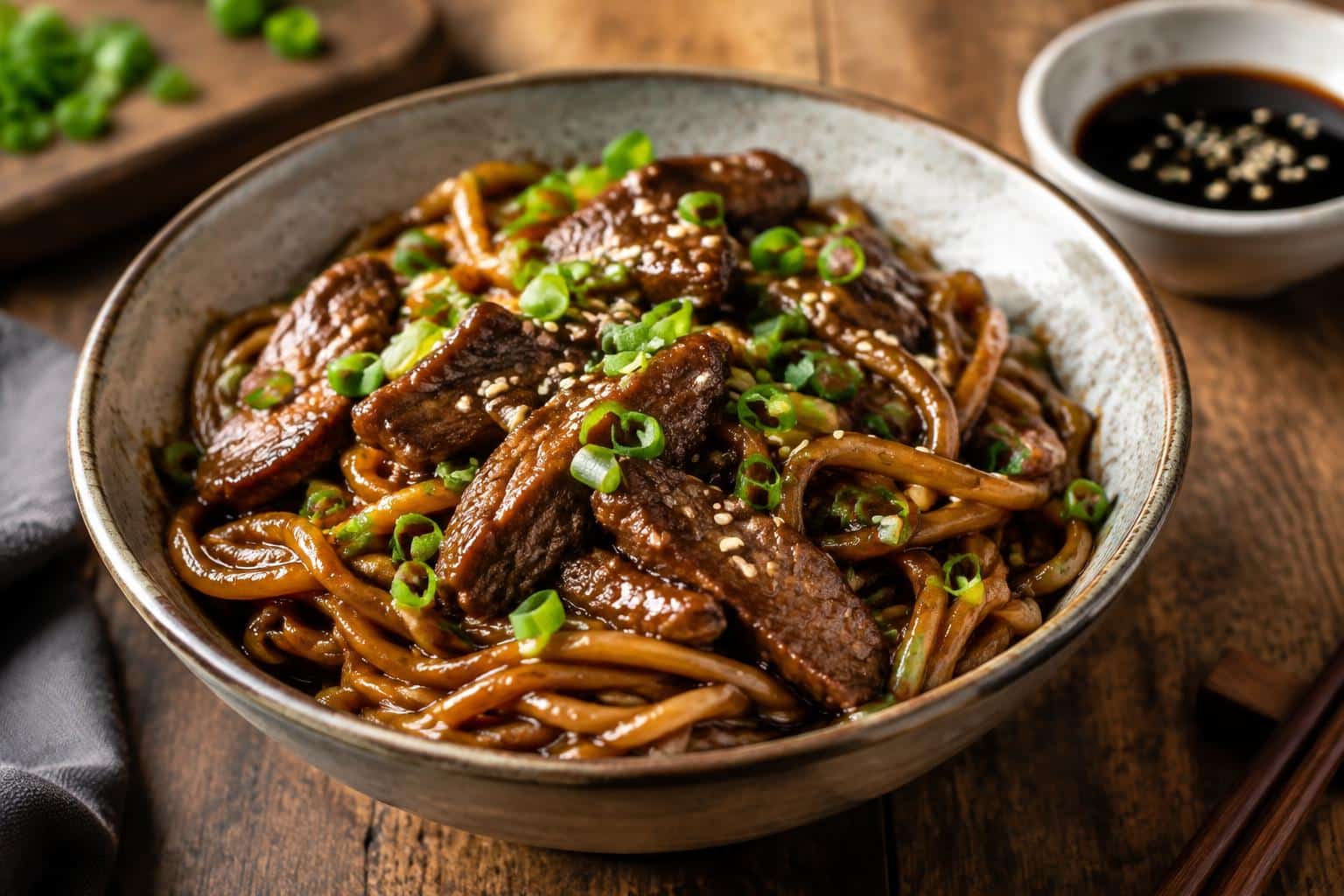 Sticky beef noodles with tender beef and garnished with green onions and sesame seeds